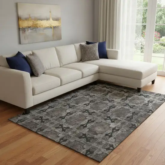 Gray And Charcoal Floral Medallion Washable Area Rug With UV Protection Photo 1