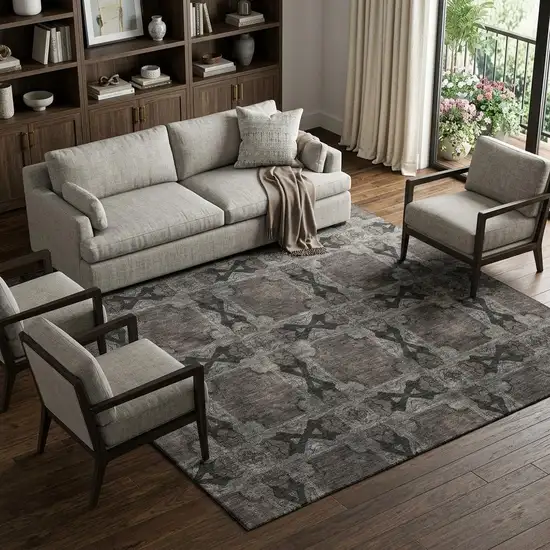 Gray And Charcoal Floral Medallion Washable Area Rug With UV Protection Photo 1