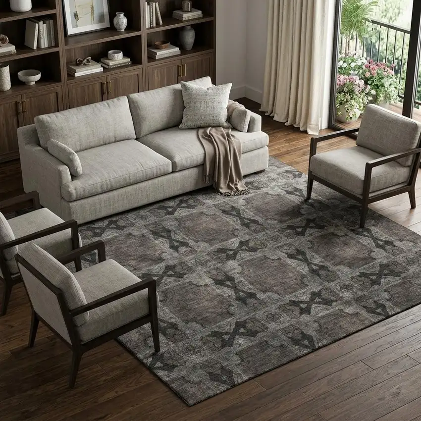 Gray And Charcoal Floral Medallion Washable Area Rug With UV Protection Photo 1