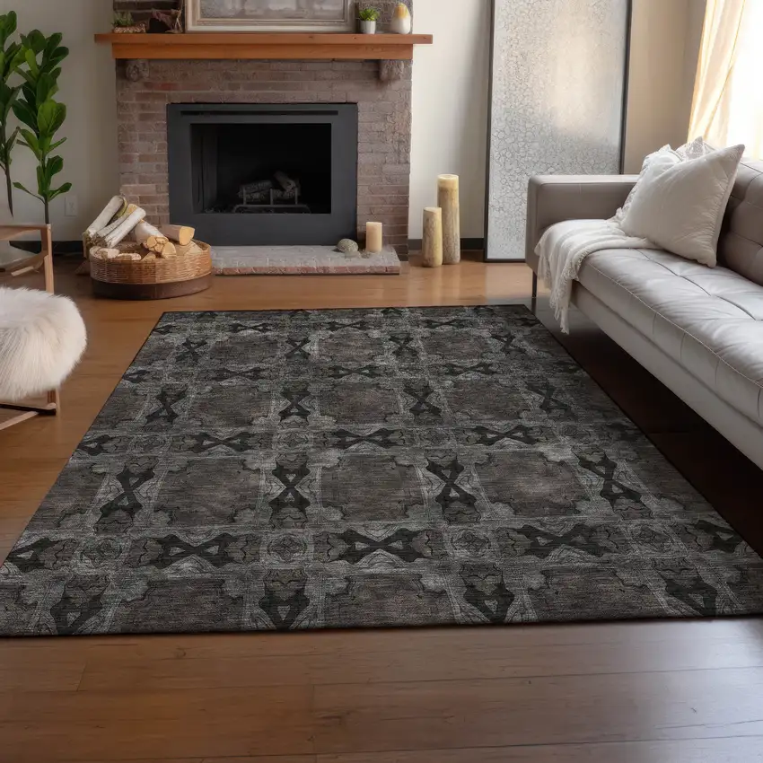 Gray And Charcoal Floral Medallion Washable Area Rug With UV Protection Photo 6