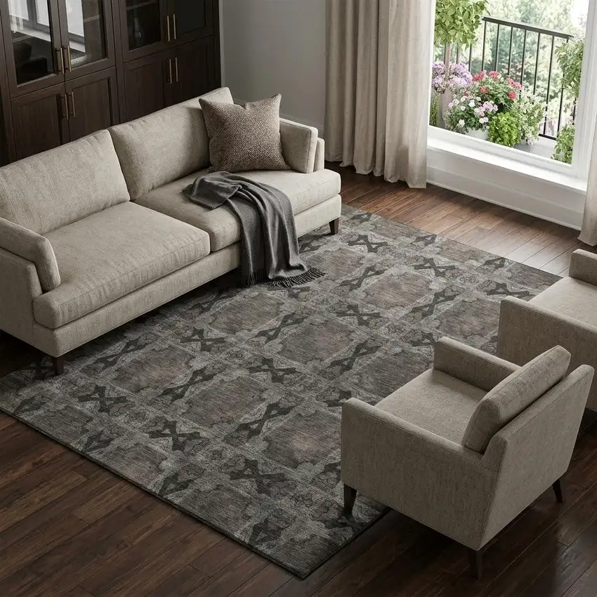 Gray And Charcoal Floral Medallion Washable Area Rug With UV Protection Photo 1