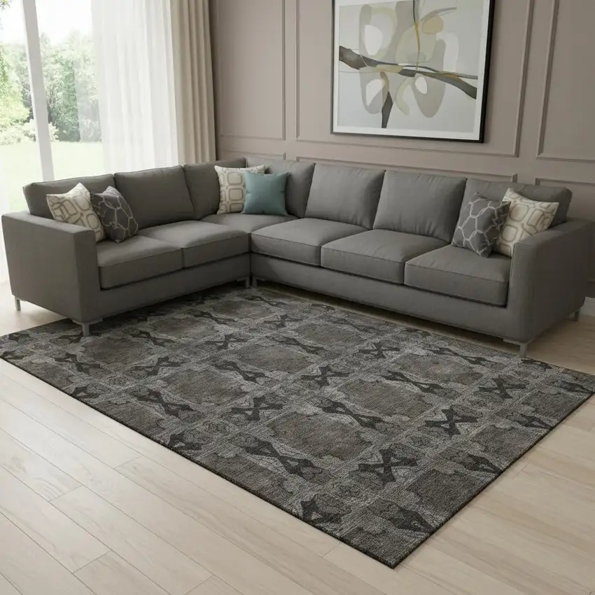 Gray And Charcoal Floral Medallion Washable Area Rug With UV Protection Photo 1