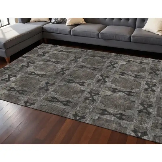 Gray And Charcoal Floral Medallion Washable Area Rug With UV Protection Photo 2