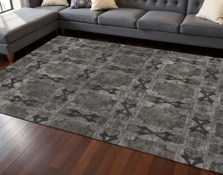 Gray And Charcoal Floral Medallion Washable Area Rug With UV Protection Photo 2