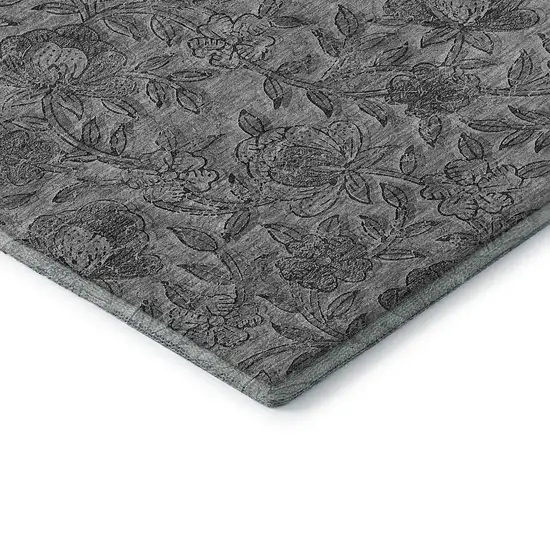 Gray And Charcoal Floral Washable Area Rug With UV Protection Photo 8
