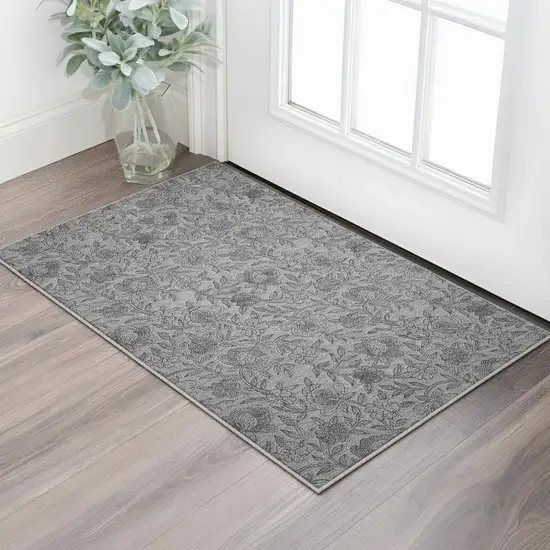 Gray And Charcoal Floral Washable Area Rug With UV Protection Photo 2