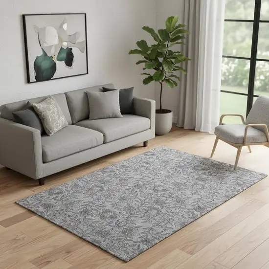 Gray And Charcoal Floral Washable Area Rug With UV Protection Photo 1