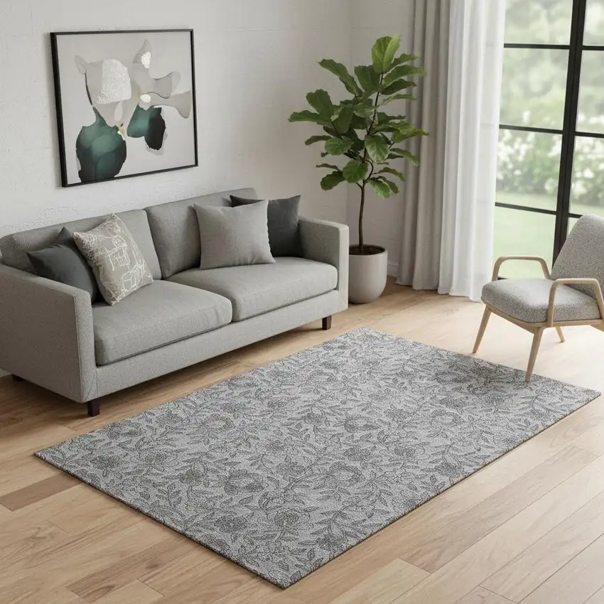 Gray And Charcoal Floral Washable Area Rug With UV Protection Photo 1