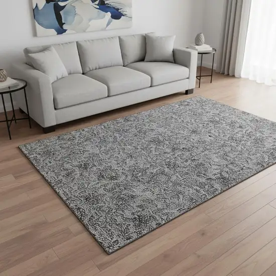 Gray And Charcoal Floral Washable Area Rug With UV Protection Photo 2