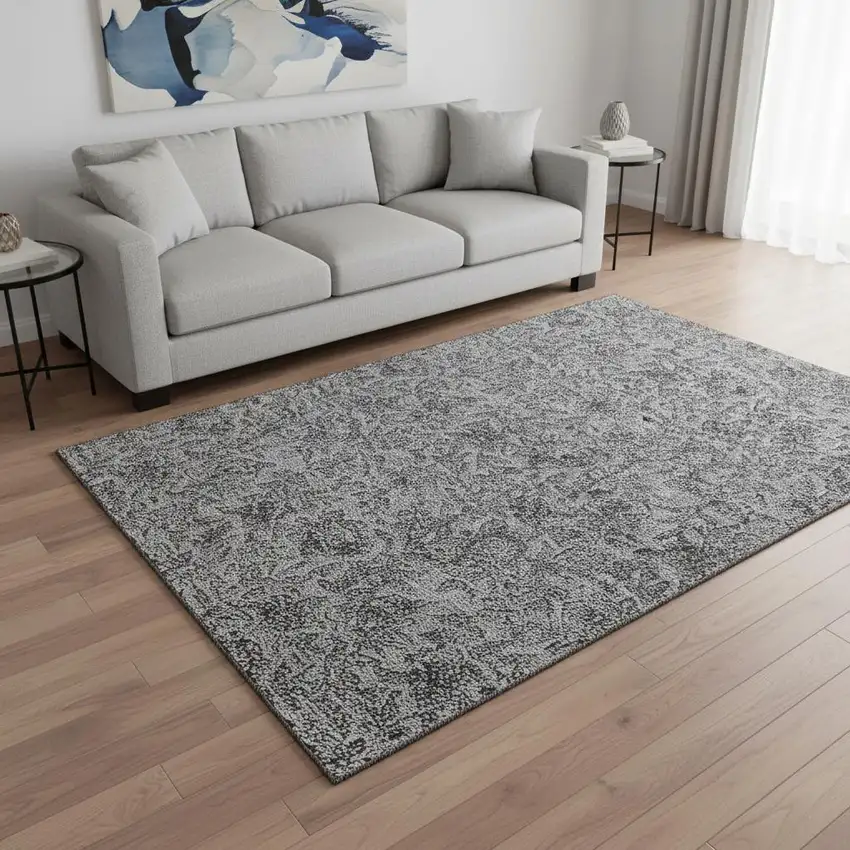 Gray And Charcoal Floral Washable Area Rug With UV Protection Photo 2
