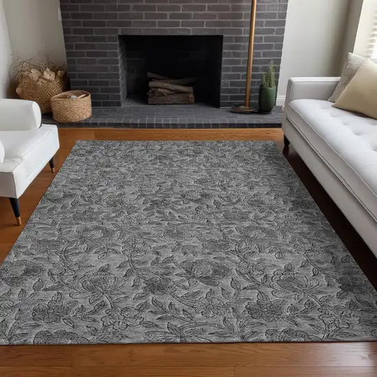 Gray And Charcoal Floral Washable Area Rug With UV Protection Photo 4