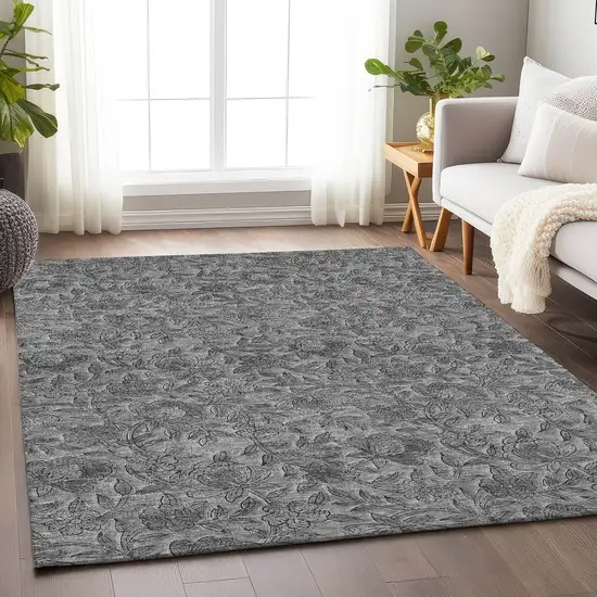 Gray And Charcoal Floral Washable Area Rug With UV Protection Photo 5