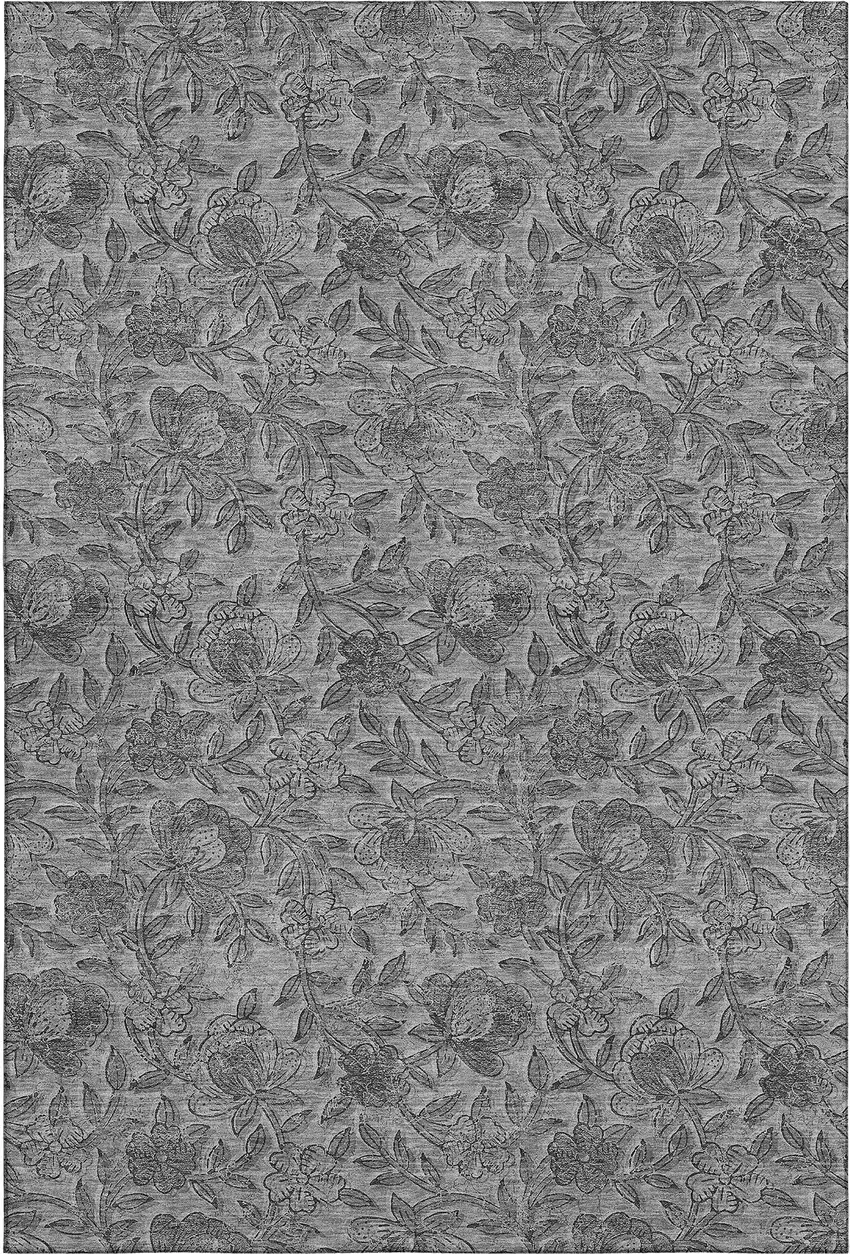 Gray And Charcoal Floral Washable Area Rug With UV Protection Photo 1