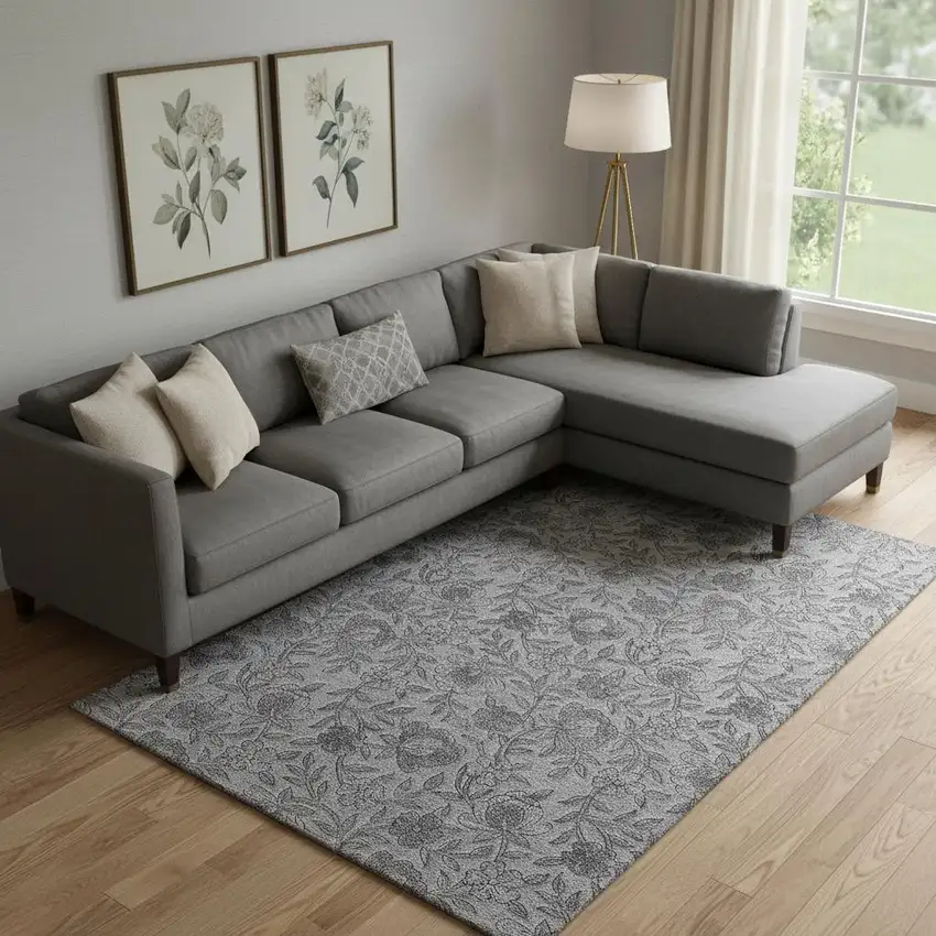 Gray And Charcoal Floral Washable Area Rug With UV Protection Photo 1
