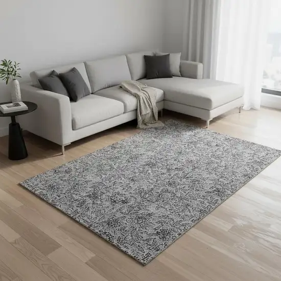 Gray And Charcoal Floral Washable Area Rug With UV Protection Photo 2