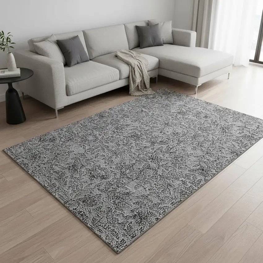 Gray And Charcoal Floral Washable Area Rug With UV Protection Photo 2