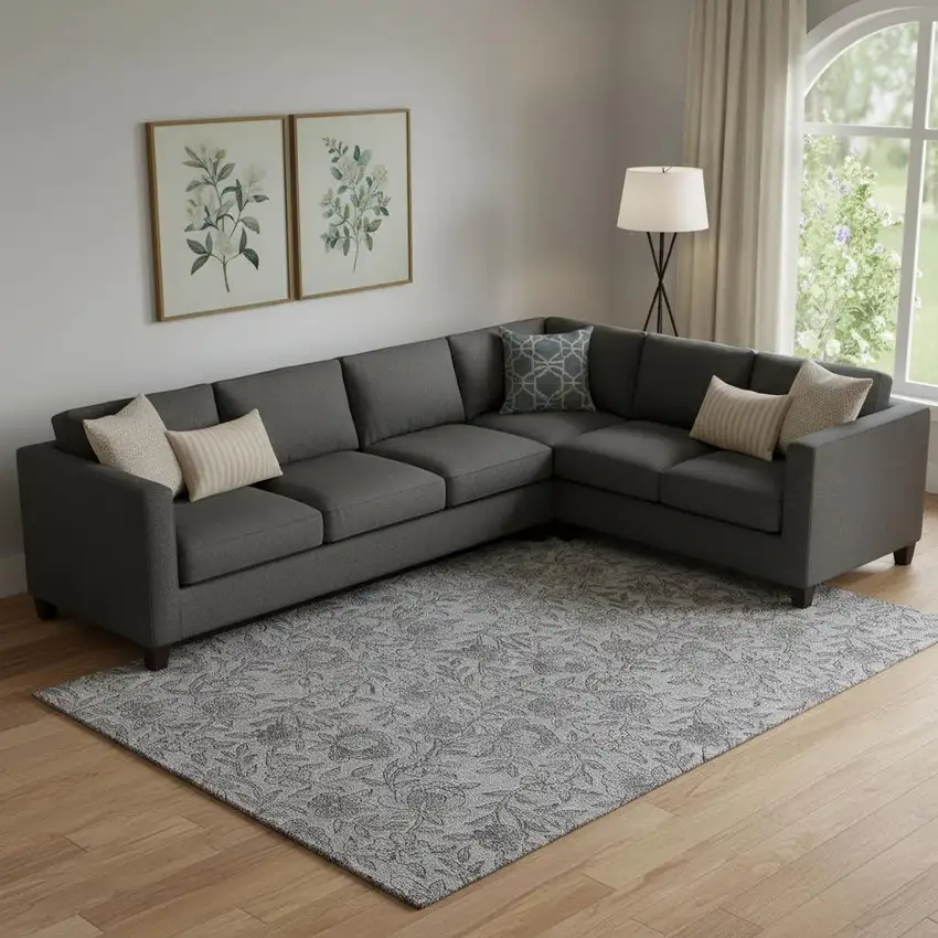 Gray And Charcoal Floral Washable Area Rug With UV Protection Photo 1