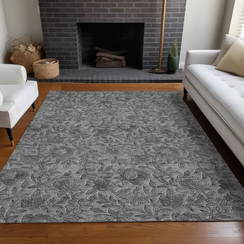 Gray And Charcoal Floral Washable Area Rug With UV Protection Photo 5