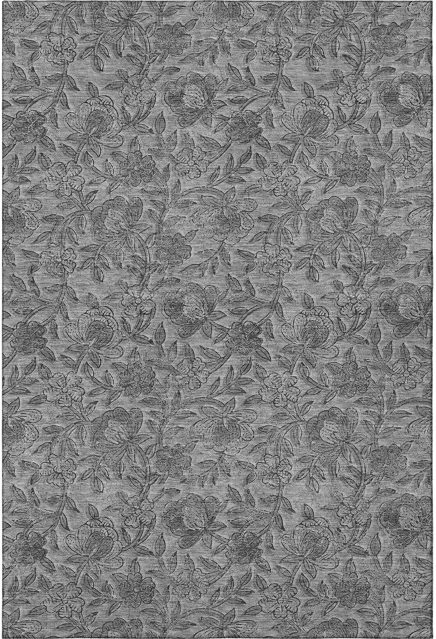 Gray And Charcoal Floral Washable Area Rug With UV Protection Photo 4