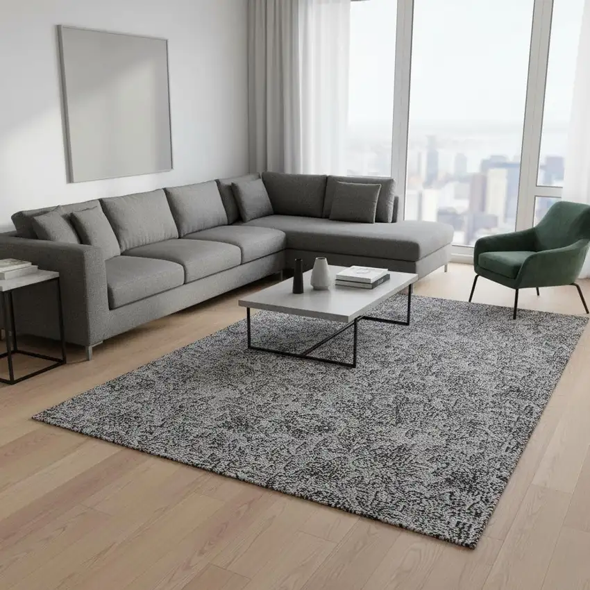 Gray And Charcoal Floral Washable Area Rug With UV Protection Photo 2