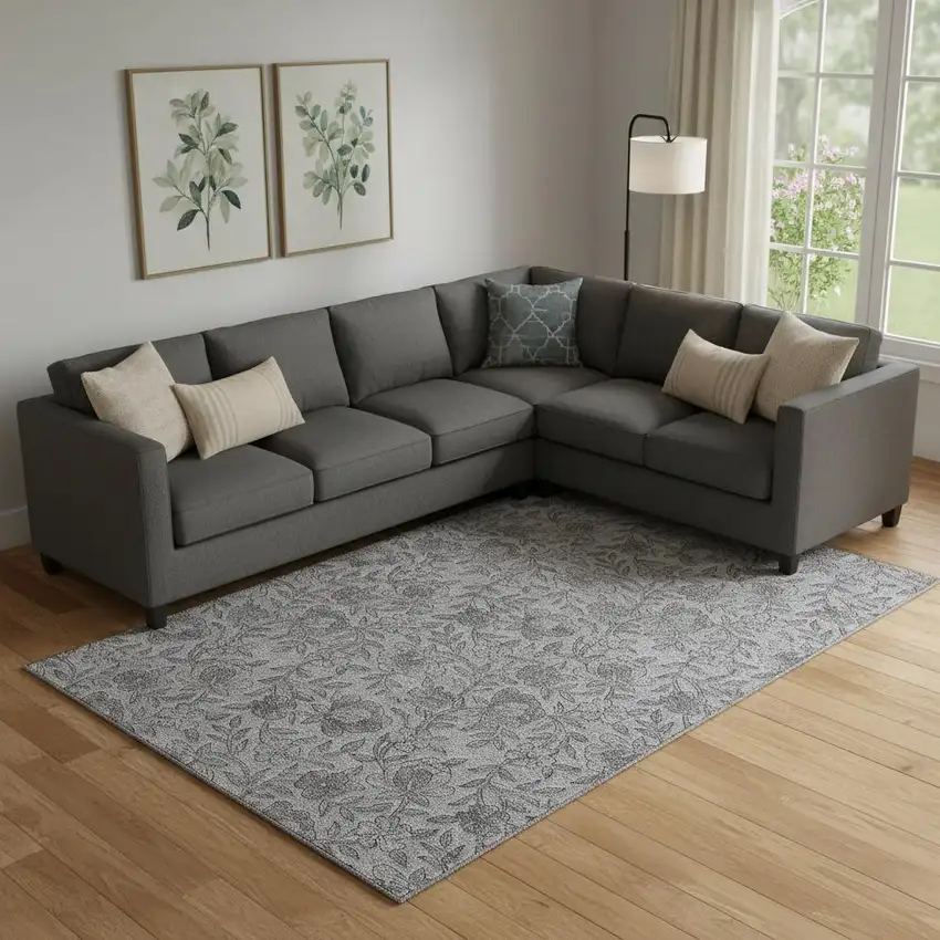 Gray And Charcoal Floral Washable Area Rug With UV Protection Photo 1