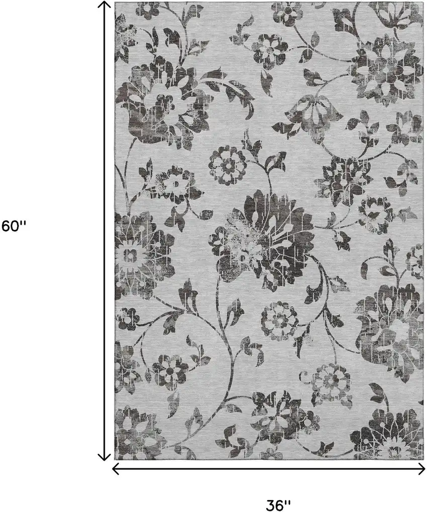 Gray And Charcoal Floral Washable Area Rug With UV Protection Photo 3