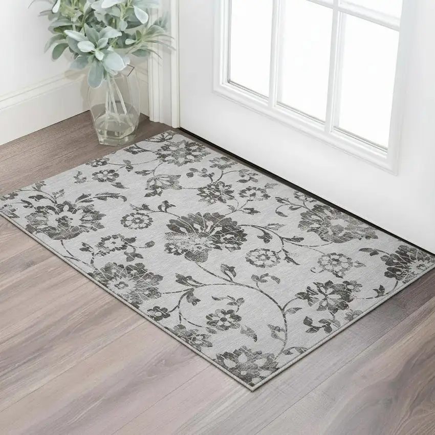 Gray And Charcoal Floral Washable Area Rug With UV Protection Photo 2