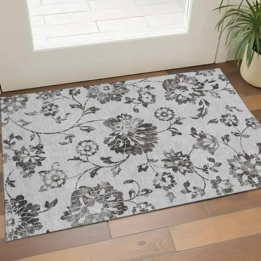 Gray And Charcoal Floral Washable Area Rug With UV Protection Photo 1