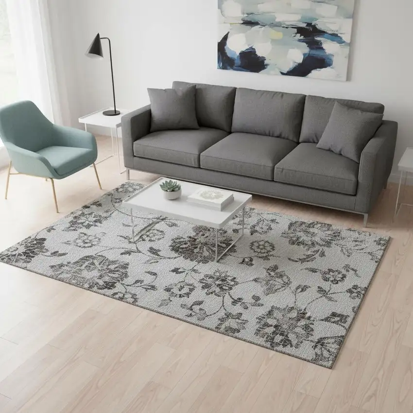 Gray And Charcoal Floral Washable Area Rug With UV Protection Photo 2