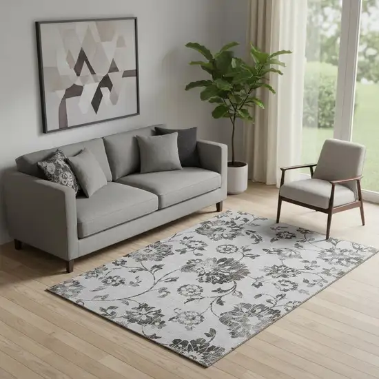 Gray And Charcoal Floral Washable Area Rug With UV Protection Photo 1