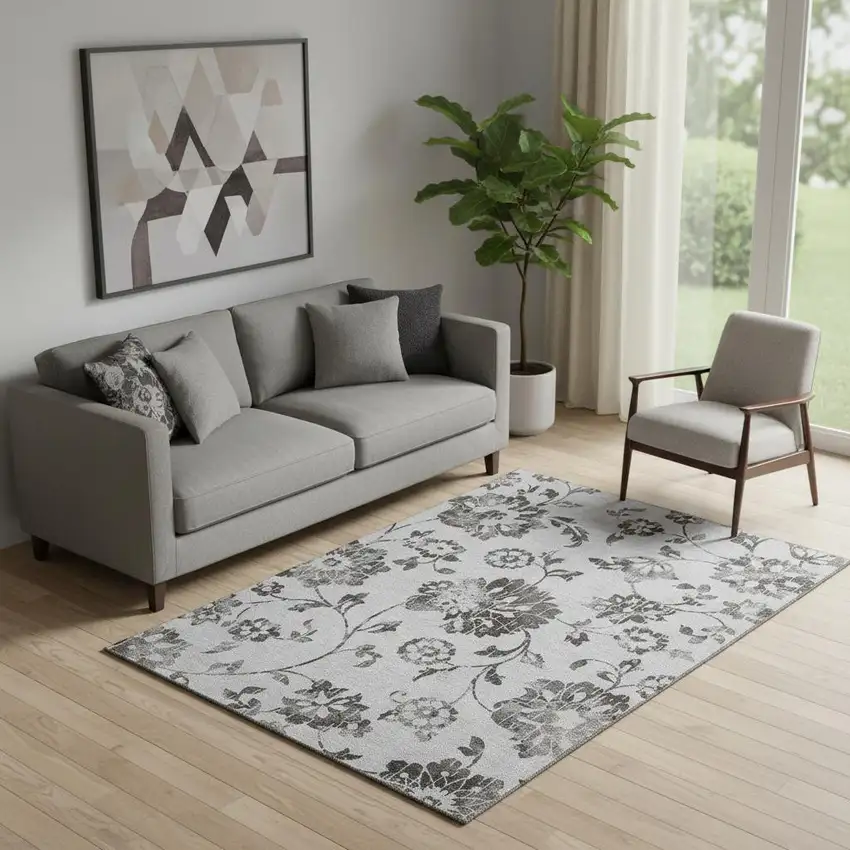 Gray And Charcoal Floral Washable Area Rug With UV Protection Photo 1