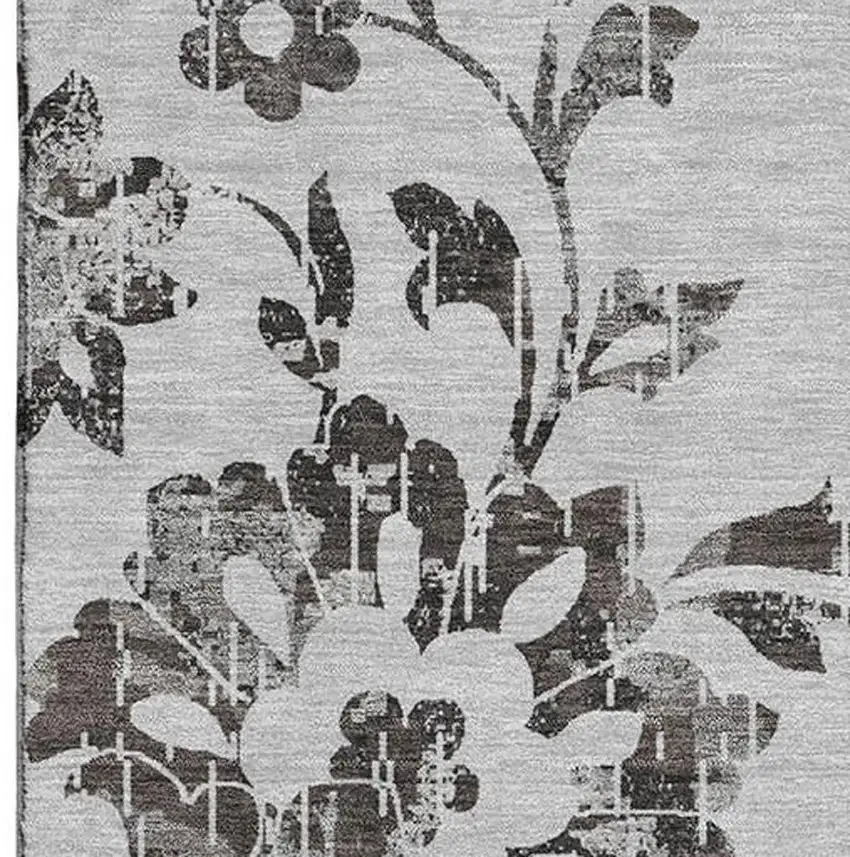 Gray And Charcoal Floral Washable Area Rug With UV Protection Photo 3