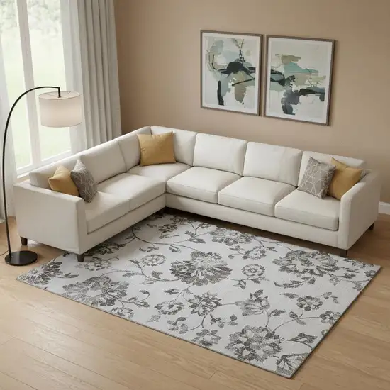 Gray And Charcoal Floral Washable Area Rug With UV Protection Photo 1