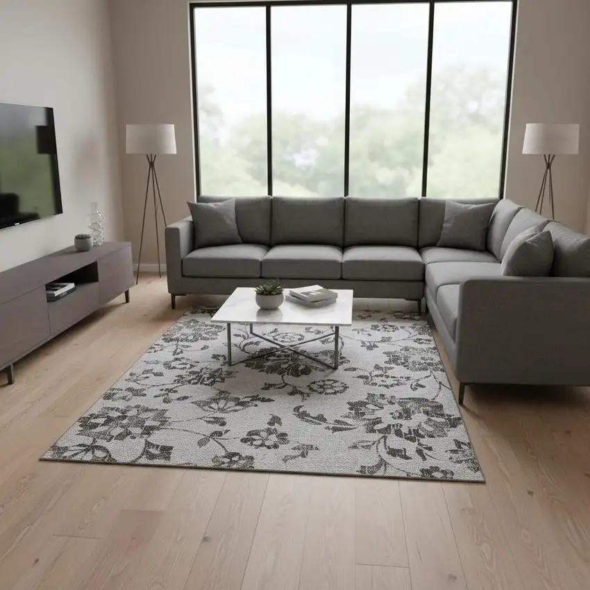 Gray And Charcoal Floral Washable Area Rug With UV Protection Photo 2