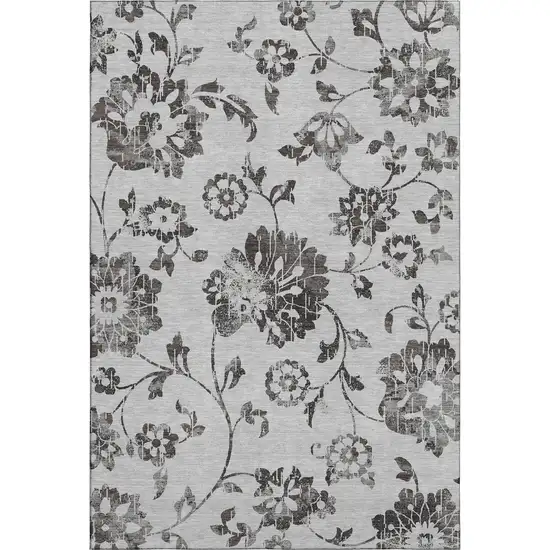 Gray And Charcoal Floral Washable Area Rug With UV Protection Photo 1