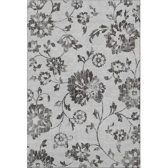 Gray And Charcoal Floral Washable Area Rug With UV Protection Photo 4