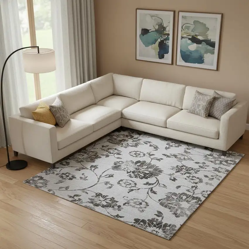 Gray And Charcoal Floral Washable Area Rug With UV Protection Photo 1