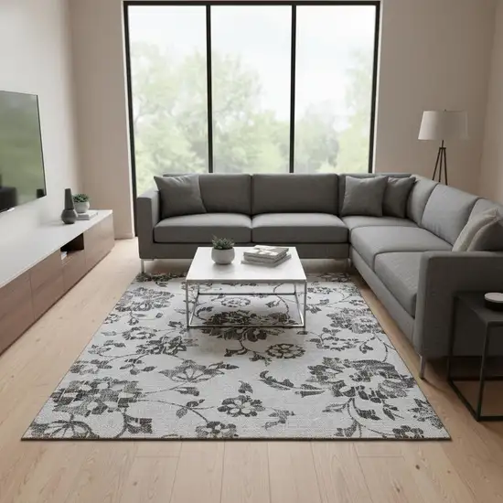 Gray And Charcoal Floral Washable Area Rug With UV Protection Photo 2