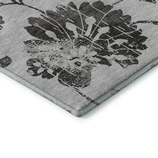 Gray And Charcoal Floral Washable Area Rug With UV Protection Photo 8