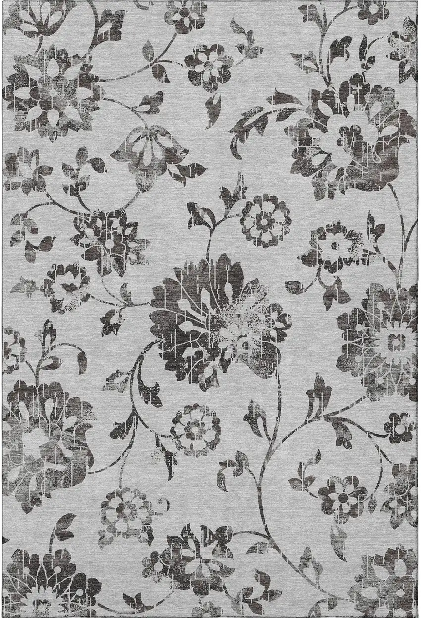 Gray And Charcoal Floral Washable Area Rug With UV Protection Photo 4