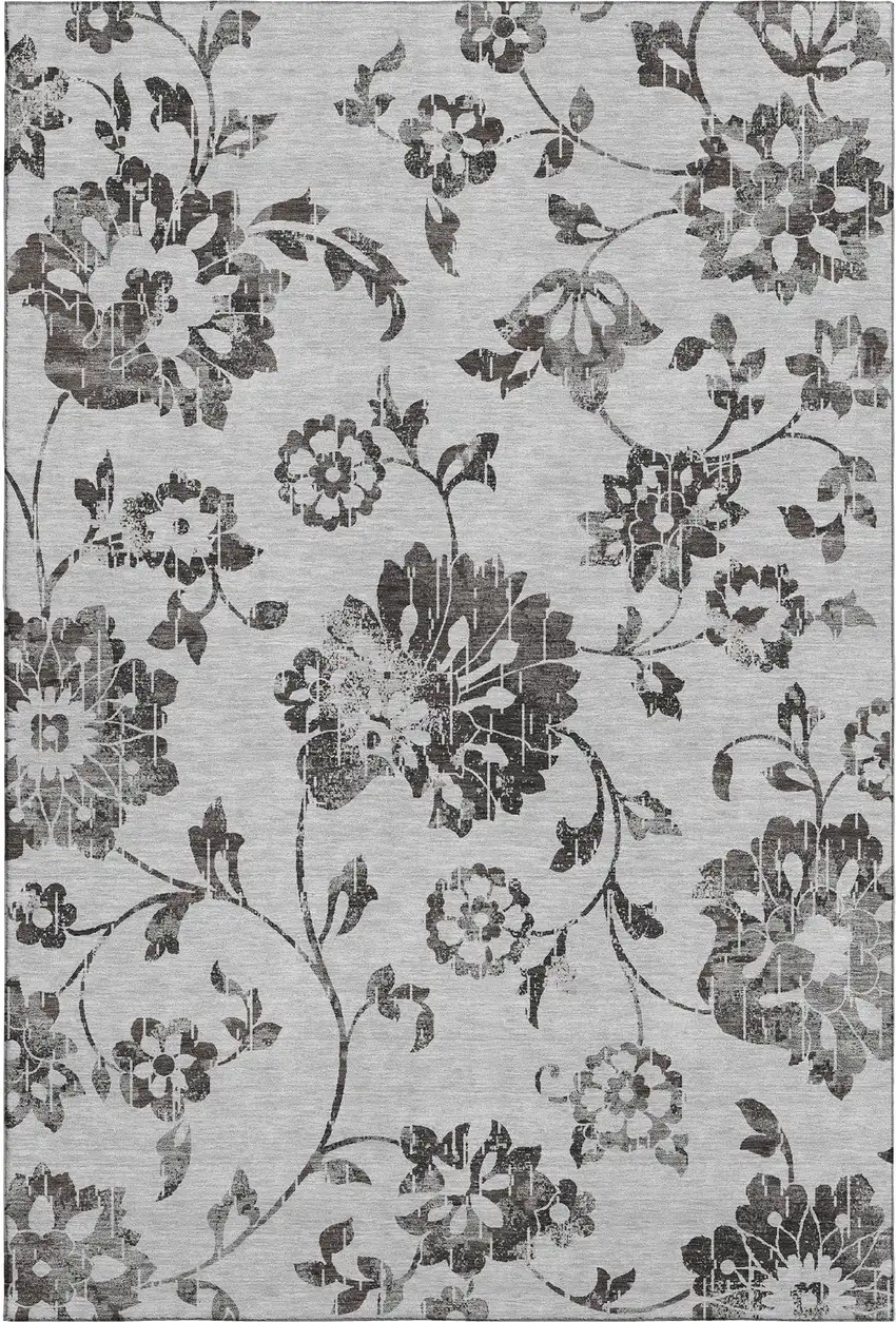 Gray And Charcoal Floral Washable Area Rug With UV Protection Photo 1