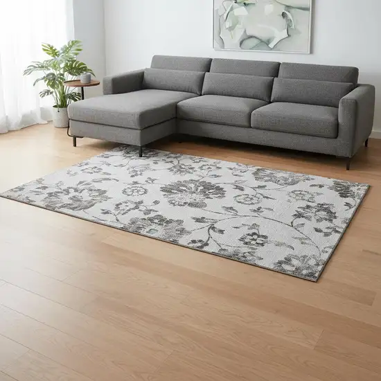 Gray And Charcoal Floral Washable Area Rug With UV Protection Photo 2