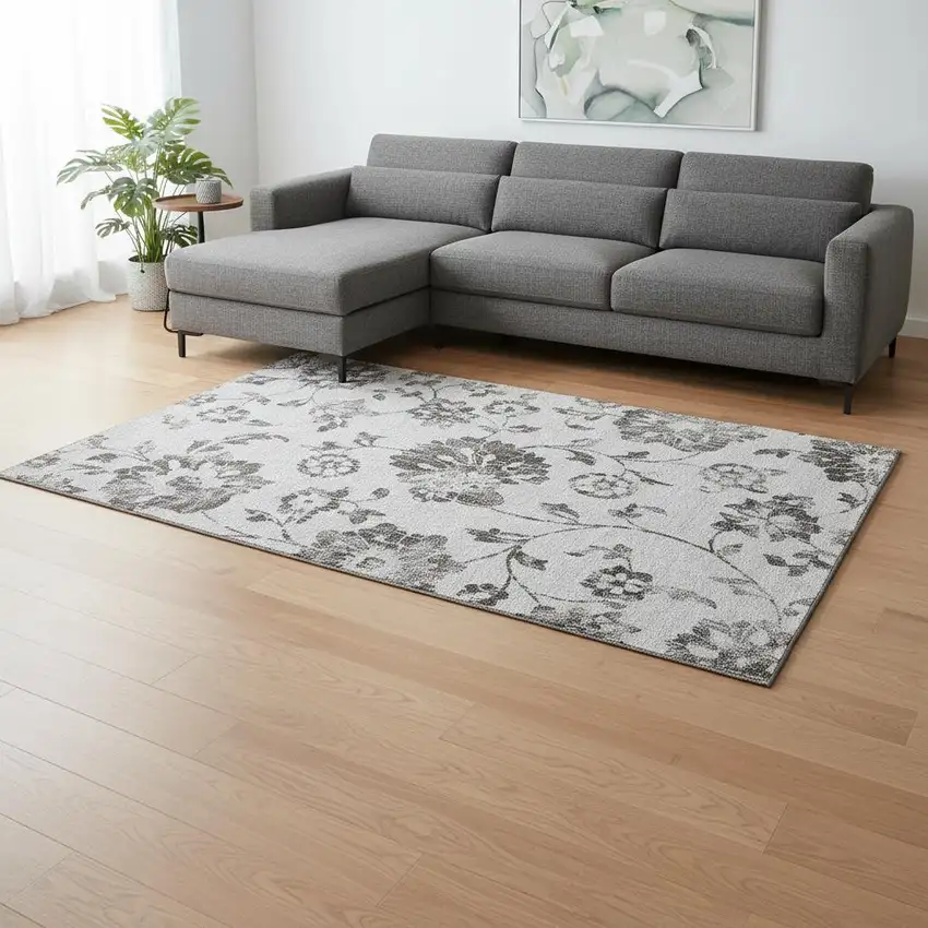 Gray And Charcoal Floral Washable Area Rug With UV Protection Photo 2