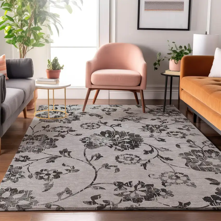 Gray And Charcoal Floral Washable Area Rug With UV Protection Photo 4