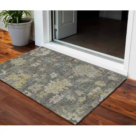 Gray And Charcoal Floral Washable Indoor Outdoor Area Rug Photo 1