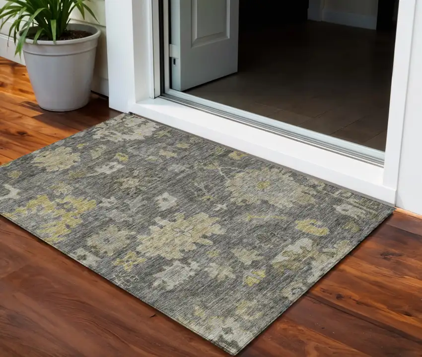 Gray And Charcoal Floral Washable Indoor Outdoor Area Rug Photo 1