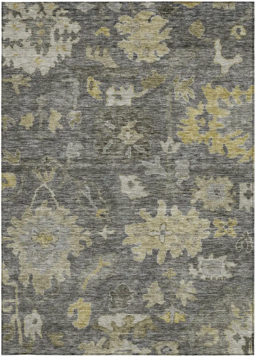 Gray And Charcoal Floral Washable Indoor Outdoor Area Rug Photo 6