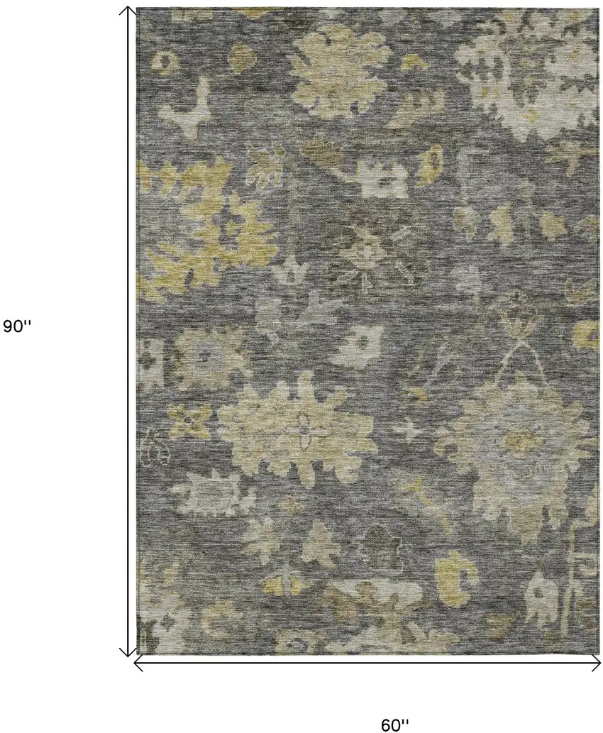 Gray And Charcoal Floral Washable Indoor Outdoor Area Rug Photo 7