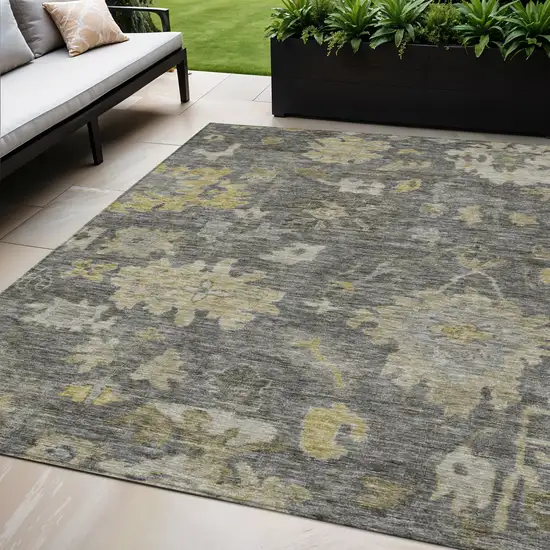 Gray And Charcoal Floral Washable Indoor Outdoor Area Rug Photo 1