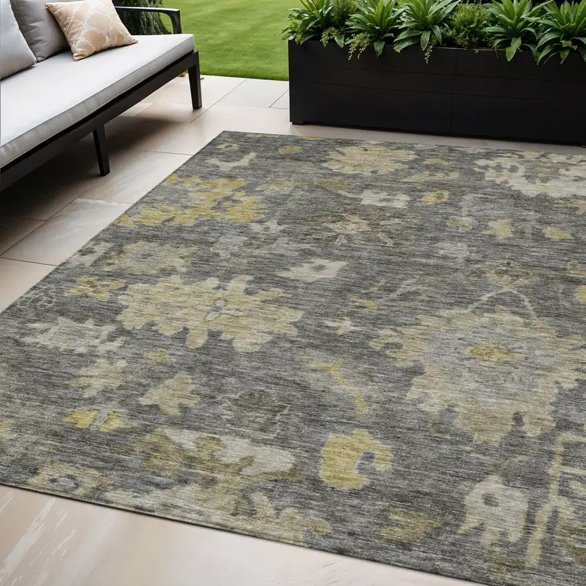 Gray And Charcoal Floral Washable Indoor Outdoor Area Rug Photo 1